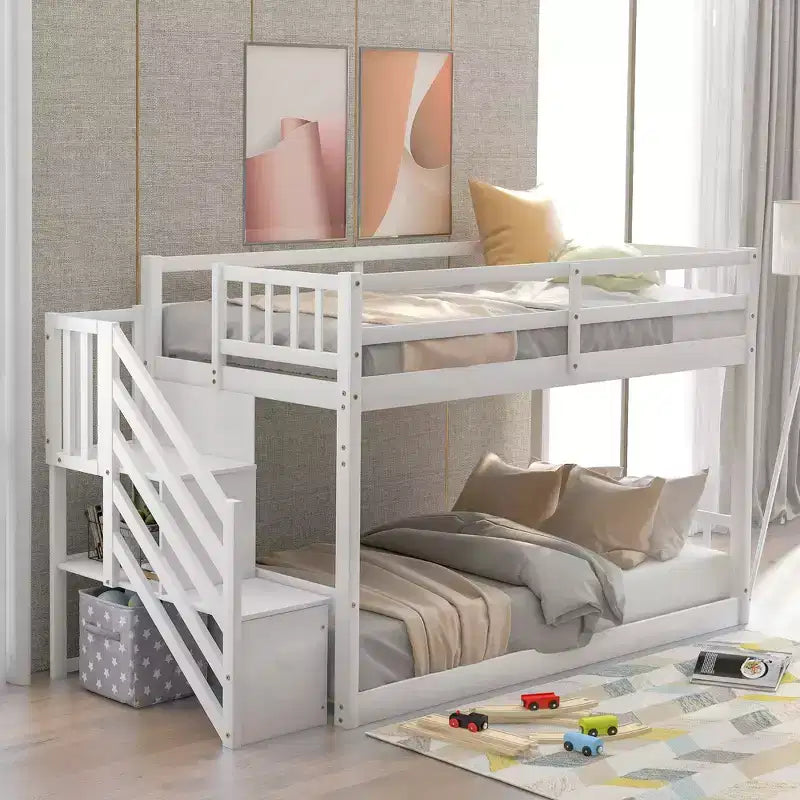 Letto a Castello in Legno Massello Gemello su Gemello, Letto a Castello Basso con Scala Contenitore e Sponda di Sicurezza per Bambini e Ragazzi, Facile da Montare