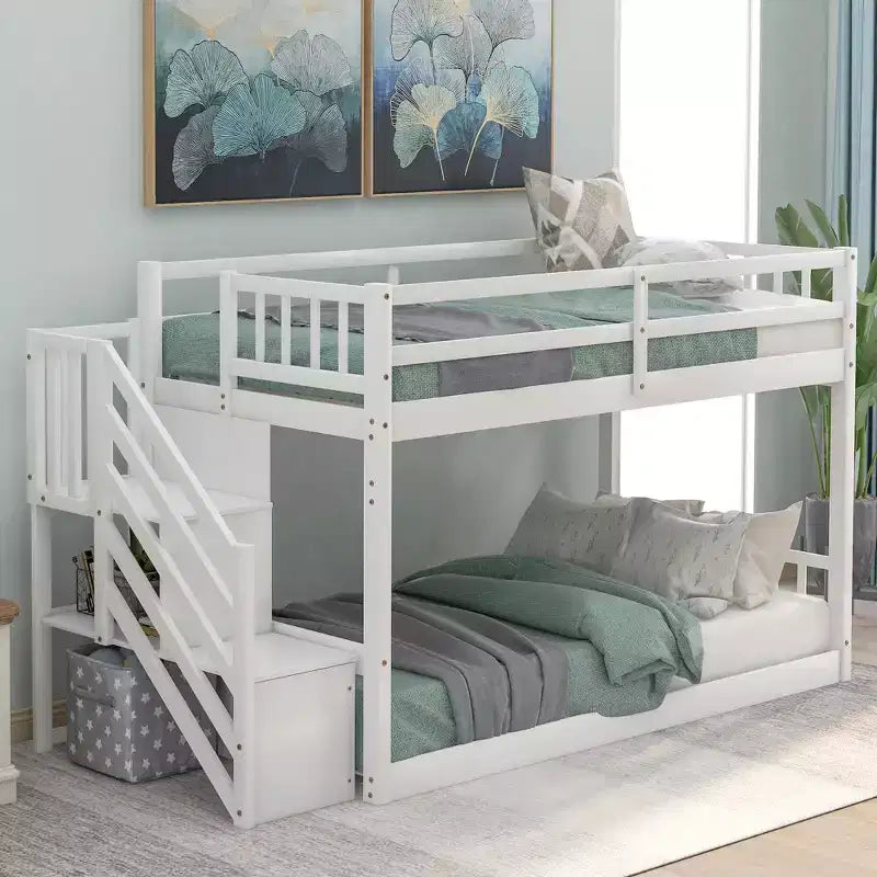 Letto a Castello in Legno Massello Gemello su Gemello, Letto a Castello Basso con Scala Contenitore e Sponda di Sicurezza per Bambini e Ragazzi, Facile da Montare