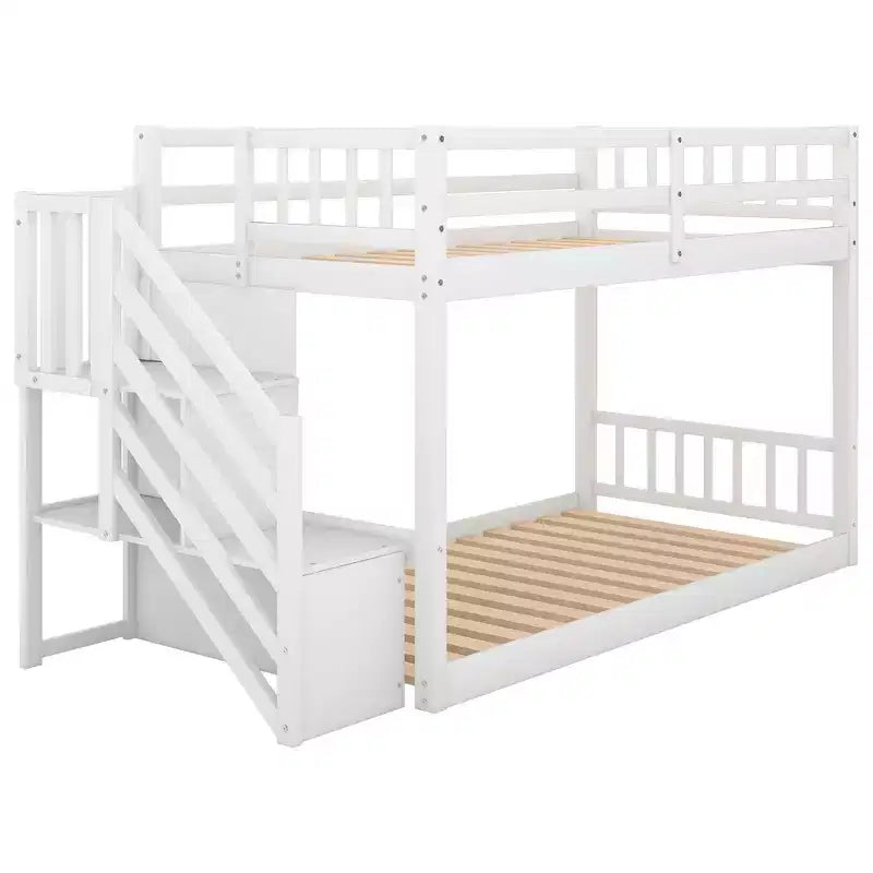 Letto a Castello in Legno Massello Gemello su Gemello, Letto a Castello Basso con Scala Contenitore e Sponda di Sicurezza per Bambini e Ragazzi, Facile da Montare