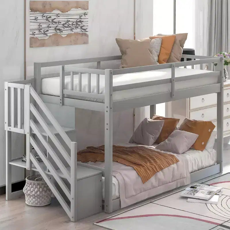 Letto a Castello in Legno Massello Gemello su Gemello, Letto a Castello Basso con Scala Contenitore e Sponda di Sicurezza per Bambini e Ragazzi, Facile da Montare