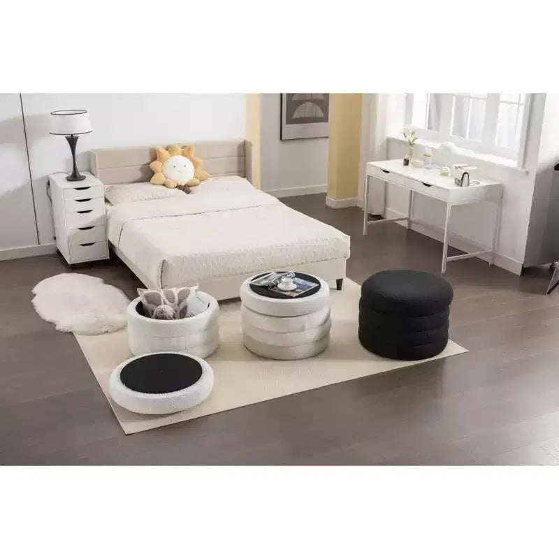 Panca ottomana rotonda moderna con spazio contenitivo, sedia da vanità, sgabello poggiapiedi rivestito in morbido velluto con ripiano in legno per divano, camera da letto, ingresso