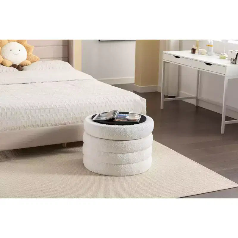 Panca ottomana rotonda moderna con spazio contenitivo, sedia da vanità, sgabello poggiapiedi rivestito in morbido velluto con ripiano in legno per divano, camera da letto, ingresso