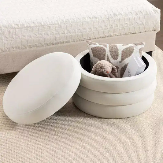 Okak Modern Round Storage Ottoman Bench Vanity Chair Soft Velvet Upholstered Footrest Stool With Wooden Shelving for Couch Bedroom Entrance