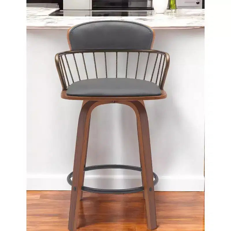 Sedia da bar girevole bassa da 26" grigio e marrone legno in ecopelle ad altezza bancone