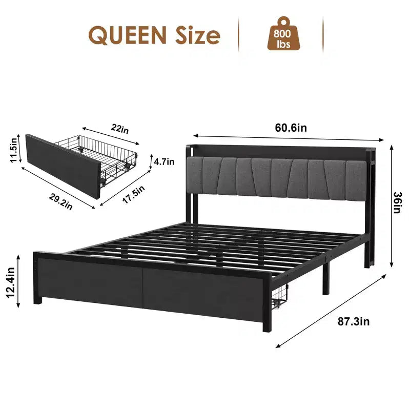 Letto Queen Size con Testiera Contenitore, Letto a Piattaforma Industriale Queen con 2 Cassetti e Stazione di Ricarica, Nero, Telaio Letto senza Necessità di Rete a Molle