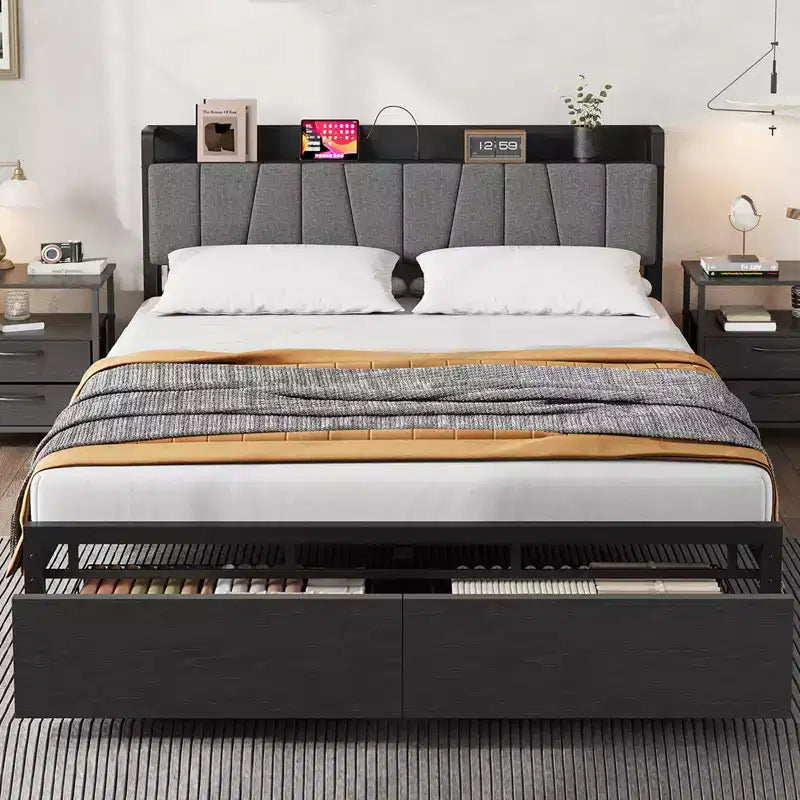 Letto Queen Size con Testiera Contenitore, Letto a Piattaforma Industriale Queen con 2 Cassetti e Stazione di Ricarica, Nero, Telaio Letto senza Necessità di Rete a Molle
