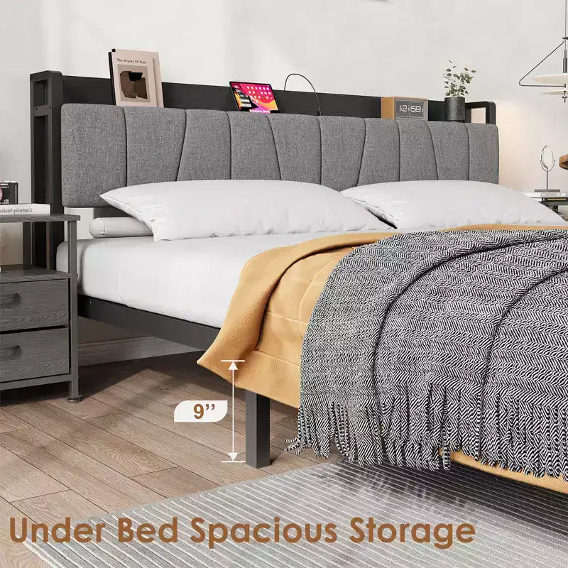 Letto Queen Size con Testiera Contenitore, Letto a Piattaforma Industriale Queen con 2 Cassetti e Stazione di Ricarica, Nero, Telaio Letto senza Necessità di Rete a Molle
