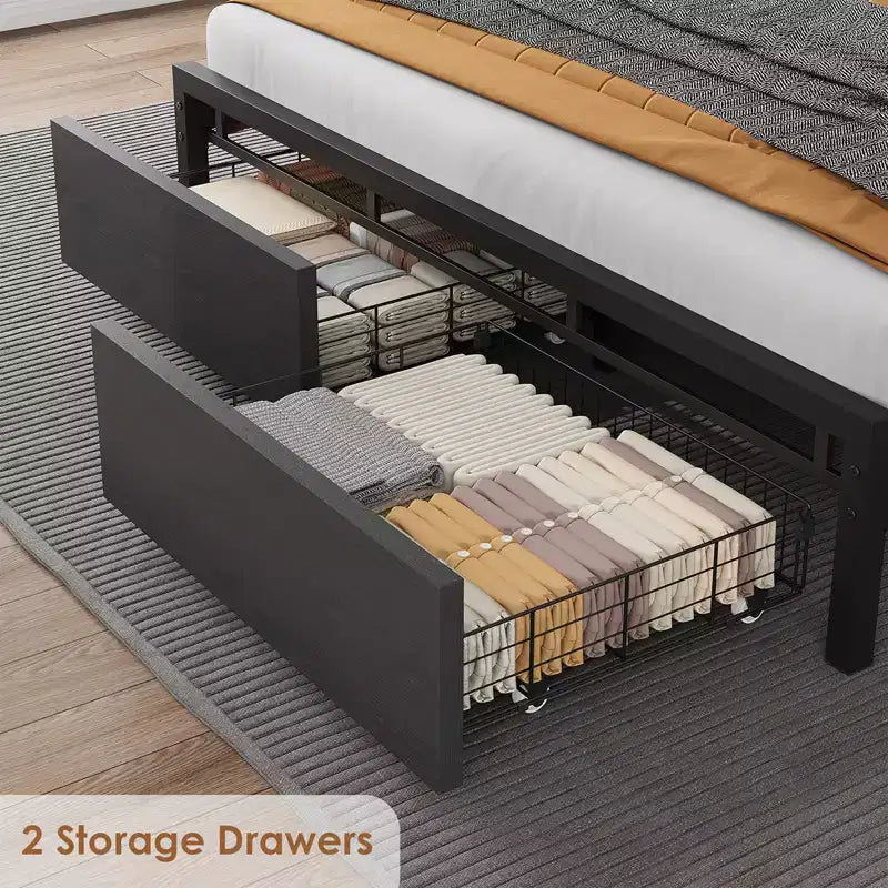 Letto Queen Size con Testiera Contenitore, Letto a Piattaforma Industriale Queen con 2 Cassetti e Stazione di Ricarica, Nero, Telaio Letto senza Necessità di Rete a Molle