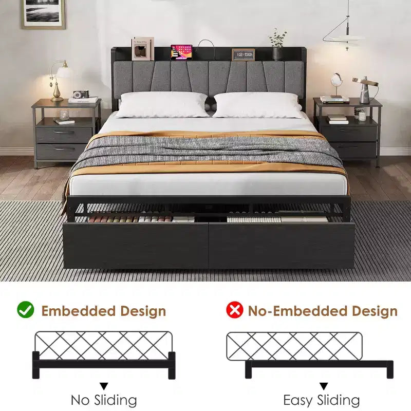 Letto Queen Size con Testiera Contenitore, Letto a Piattaforma Industriale Queen con 2 Cassetti e Stazione di Ricarica, Nero, Telaio Letto senza Necessità di Rete a Molle