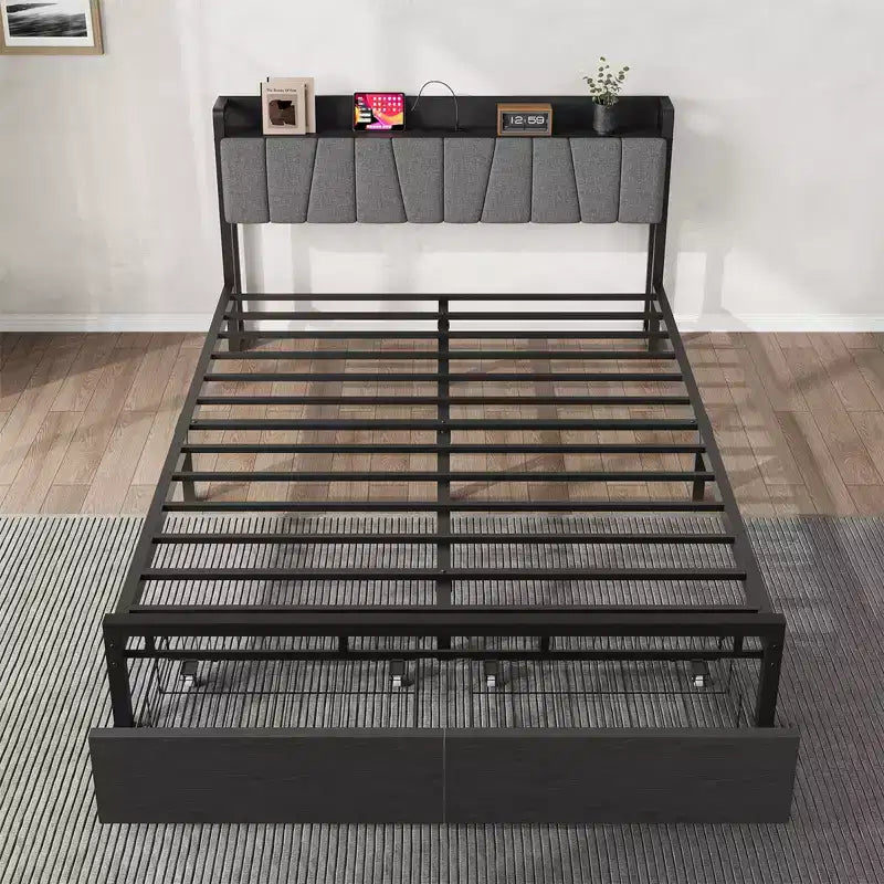 Letto Queen Size con Testiera Contenitore, Letto a Piattaforma Industriale Queen con 2 Cassetti e Stazione di Ricarica, Nero, Telaio Letto senza Necessità di Rete a Molle