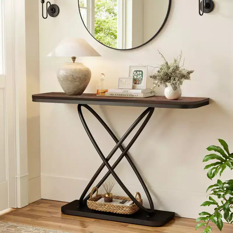 47.4 Tavolo Console Rustico da Fattoria con Cornice in Metallo Nero Tavolino Stretto per Divano per Soggiorno, Corridoio, Ingresso