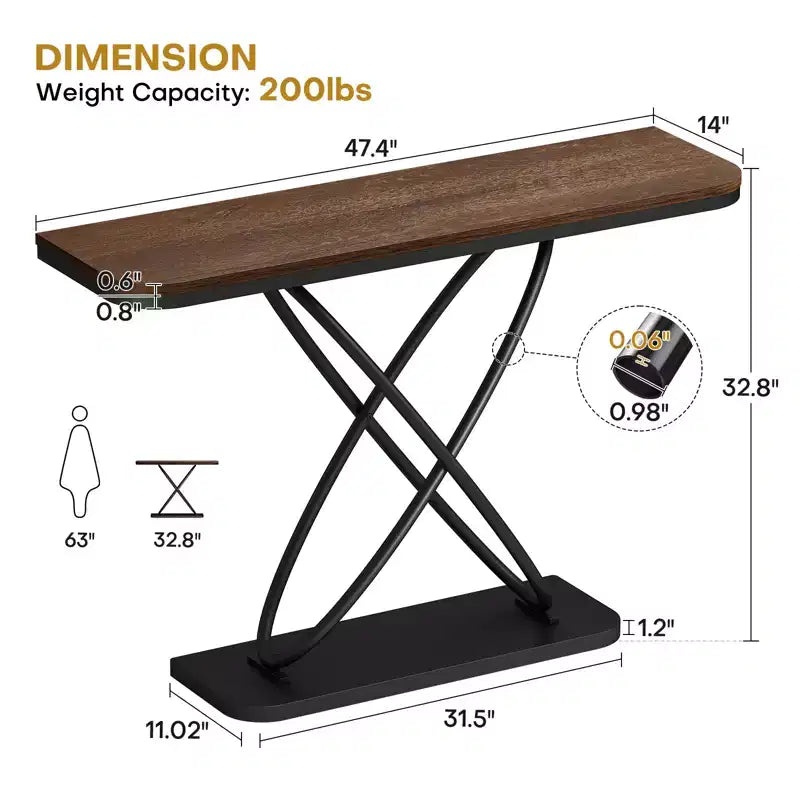 47.4 Tavolo Console Rustico da Fattoria con Cornice in Metallo Nero Tavolino Stretto per Divano per Soggiorno, Corridoio, Ingresso