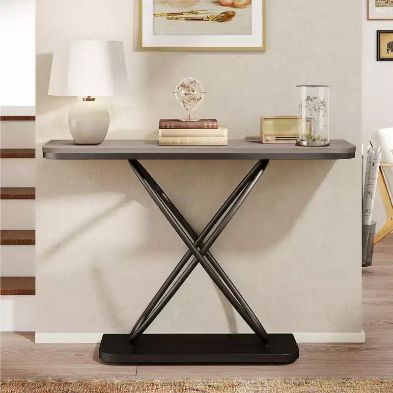 47.4 Tavolo Console Rustico da Fattoria con Cornice in Metallo Nero Tavolino Stretto per Divano per Soggiorno, Corridoio, Ingresso