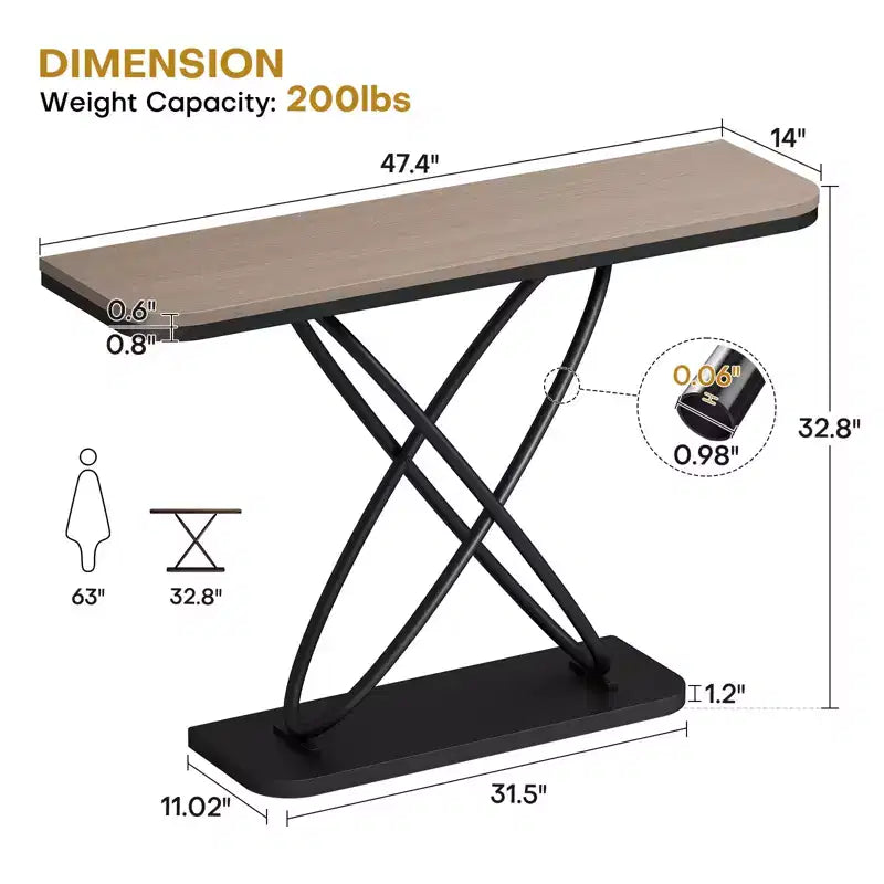 47.4 Tavolo Console Rustico da Fattoria con Cornice in Metallo Nero Tavolino Stretto per Divano per Soggiorno, Corridoio, Ingresso