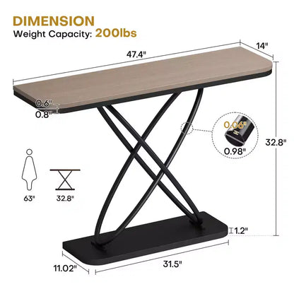 47.4 Tavolo Console Rustico da Fattoria con Cornice in Metallo Nero Tavolino Stretto per Divano per Soggiorno, Corridoio, Ingresso