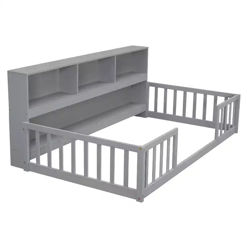 Letto a pavimento gemello con libreria, mensole, sponde di sicurezza, grigio