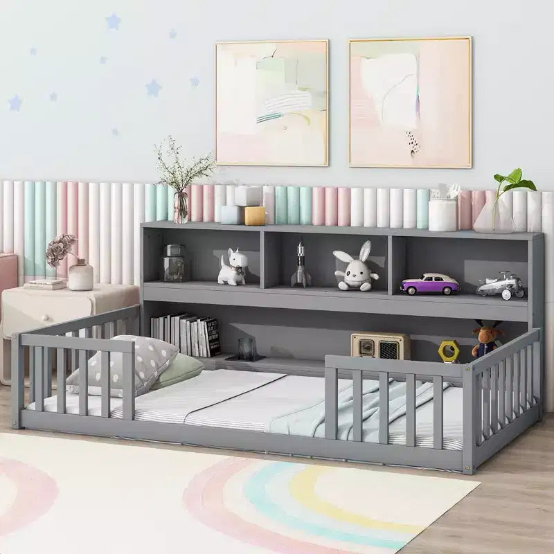 Letto a pavimento gemello con libreria, mensole, sponde di sicurezza, grigio