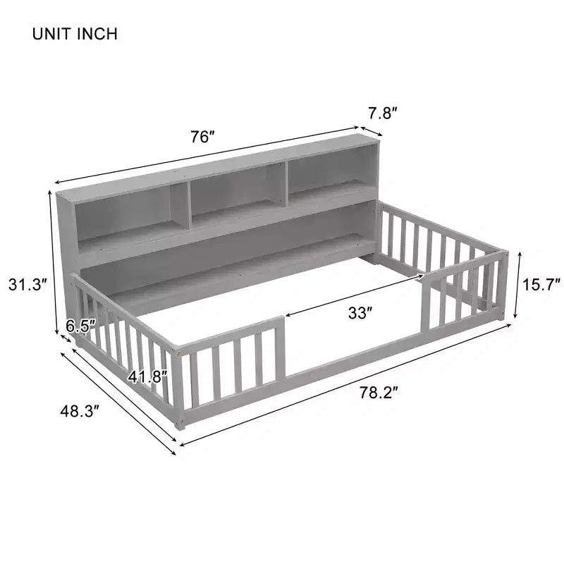 Letto a pavimento gemello con libreria, mensole, sponde di sicurezza, grigio