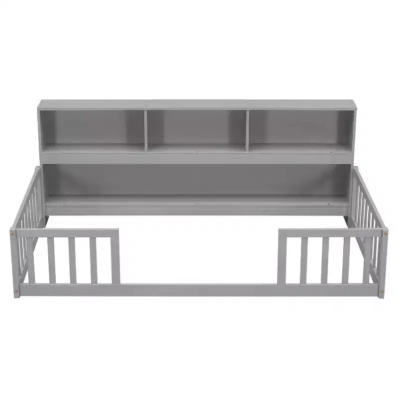 Letto a pavimento gemello con libreria, mensole, sponde di sicurezza, grigio