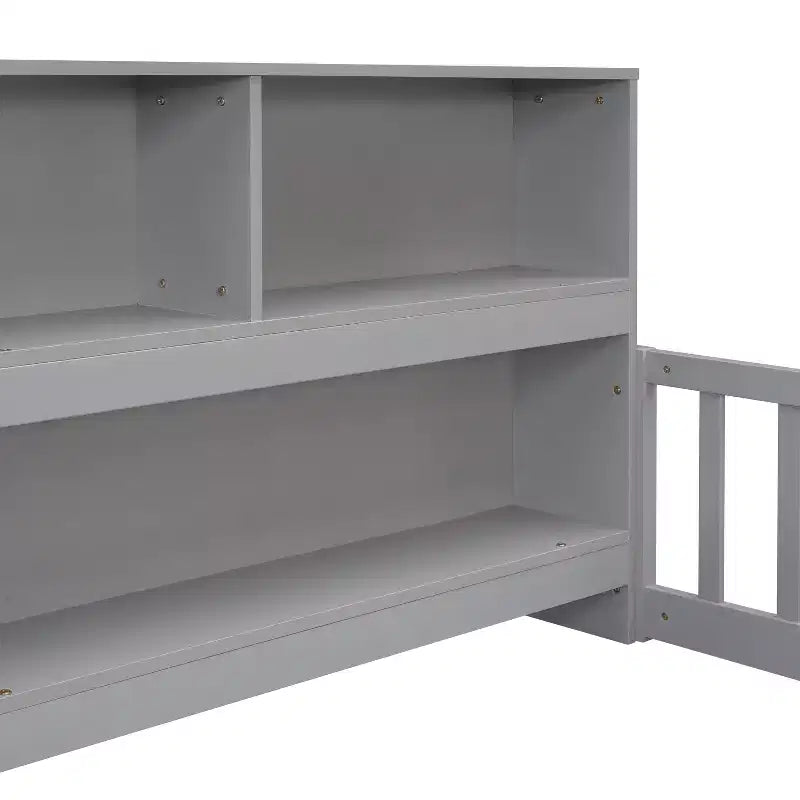 Letto a pavimento gemello con libreria, mensole, sponde di sicurezza, grigio