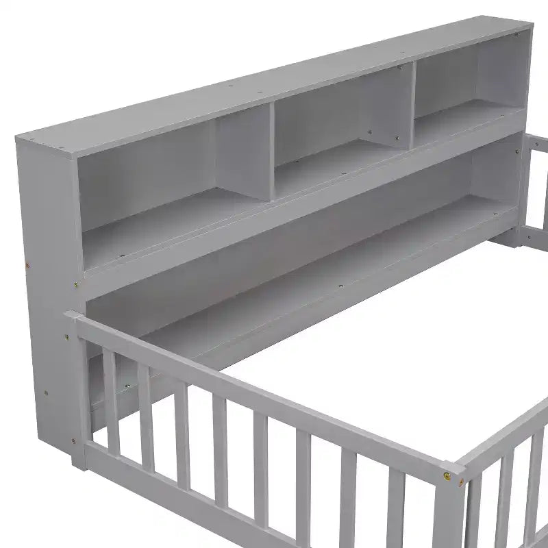 Letto a pavimento gemello con libreria, mensole, sponde di sicurezza, grigio
