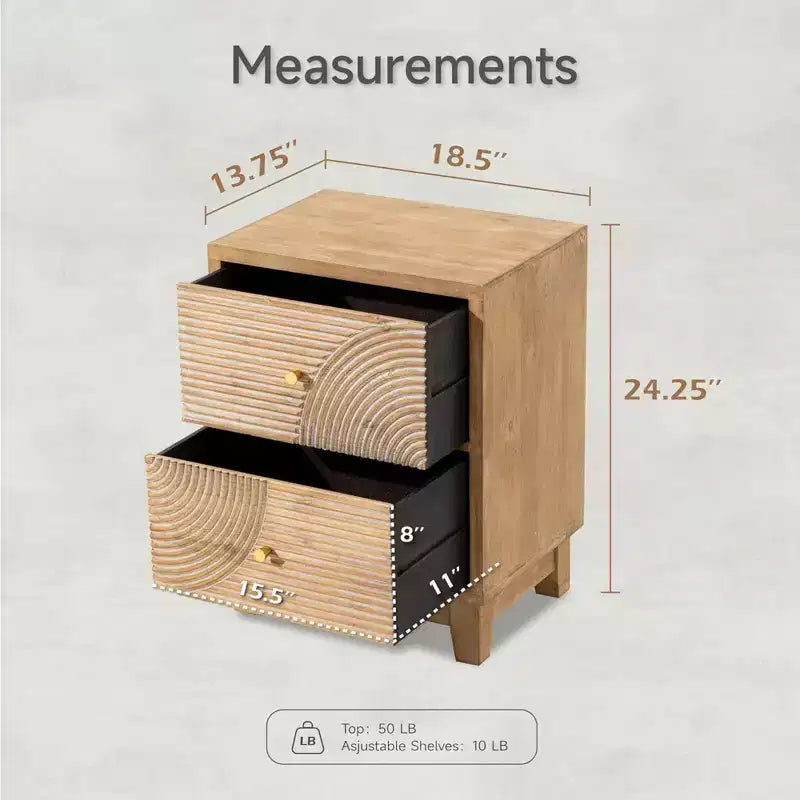 Comodino a 2 cassetti stile rustico con motivo ad anelli in legno intagliato a mano, comodino bohémien di metà secolo per camere da letto, legno naturale