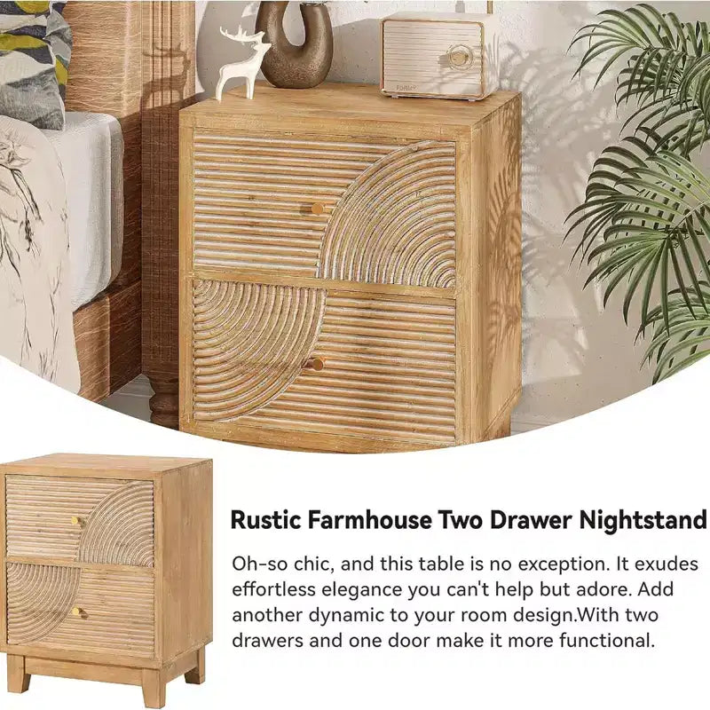 Comodino a 2 cassetti stile rustico con motivo ad anelli in legno intagliato a mano, comodino bohémien di metà secolo per camere da letto, legno naturale