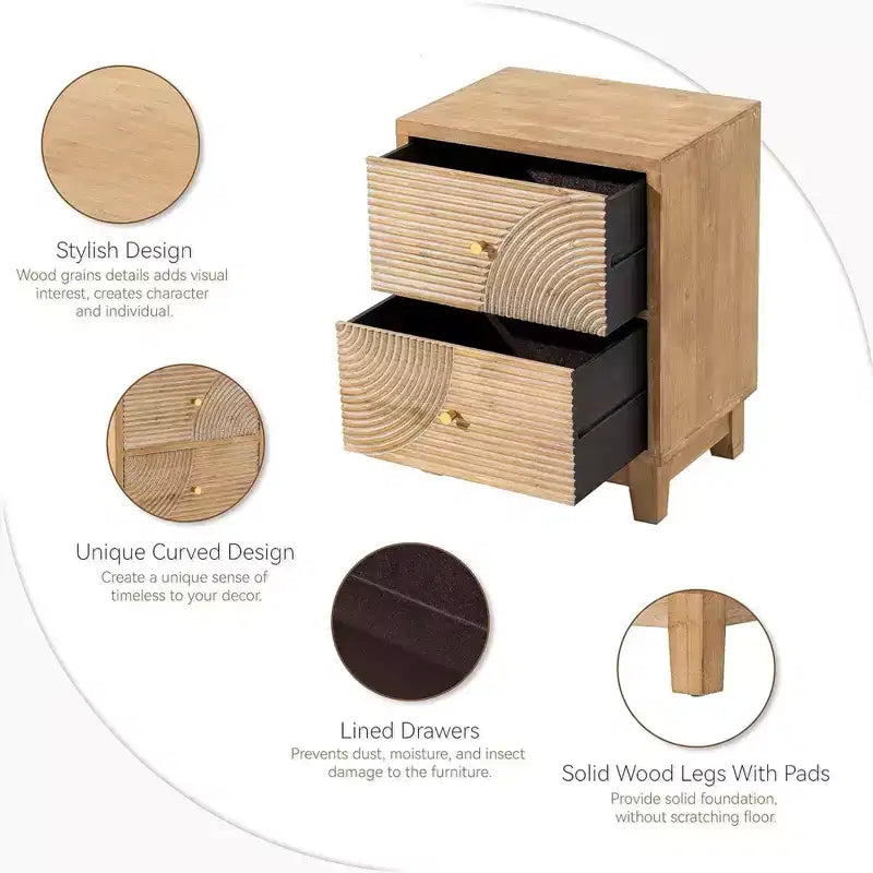 Comodino a 2 cassetti stile rustico con motivo ad anelli in legno intagliato a mano, comodino bohémien di metà secolo per camere da letto, legno naturale