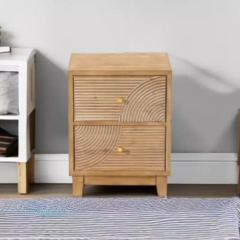 Comodino a 2 cassetti stile rustico con motivo ad anelli in legno intagliato a mano, comodino bohémien di metà secolo per camere da letto, legno naturale