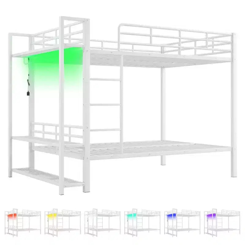 Letto a Castello in Metallo a Grandezza Naturale con Strisce Luminose a LED (7 Colori), Ripiani Aperti e Ganci