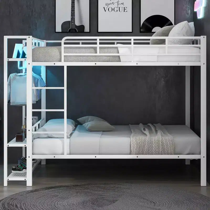 Letto a Castello in Metallo a Grandezza Naturale con Strisce Luminose a LED (7 Colori), Ripiani Aperti e Ganci