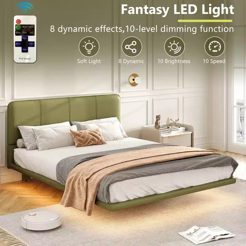 Letto matrimoniale con piattaforma flottante, luci a LED, ecopelle, struttura robusta e fascino moderno