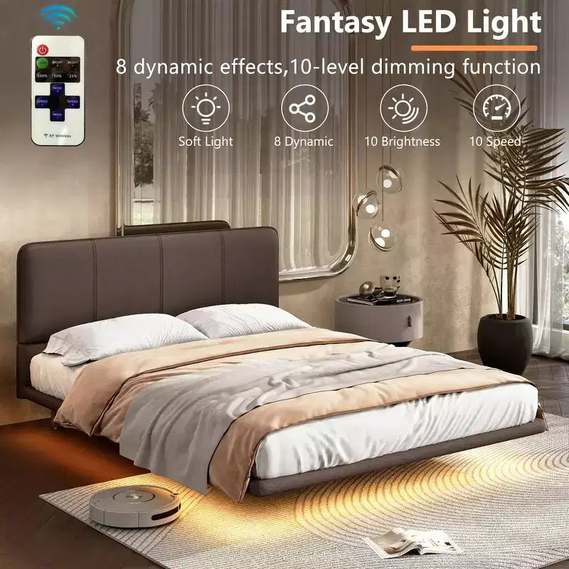 Letto matrimoniale con piattaforma flottante, luci a LED, ecopelle, struttura robusta e fascino moderno