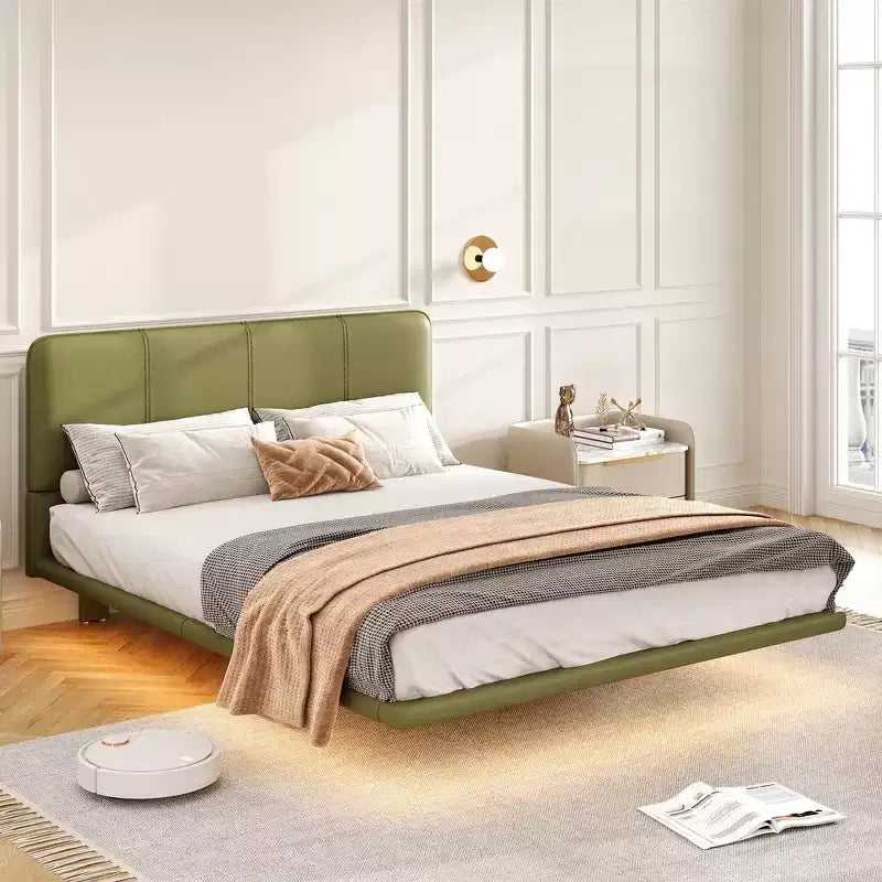 Letto matrimoniale con piattaforma flottante, luci a LED, ecopelle, struttura robusta e fascino moderno