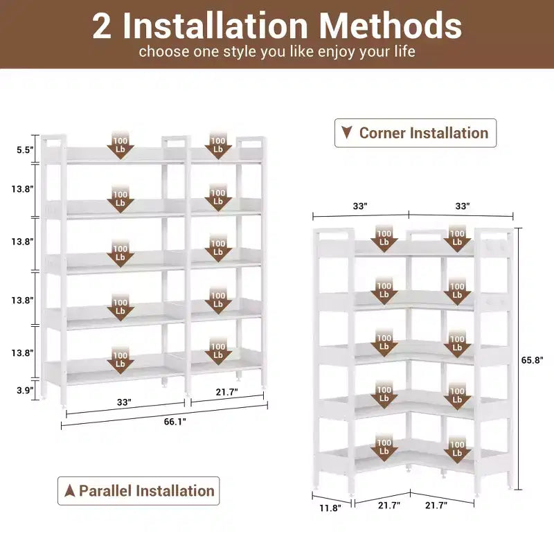 Scaffale angolare a 5 ripiani convertibile da 167 cm con ripiani a L per esposizione e conservazione - Nero/Bianco