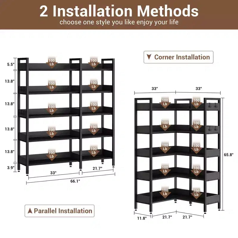 Scaffale angolare a 5 ripiani convertibile da 167 cm con ripiani a L per esposizione e conservazione - Nero/Bianco