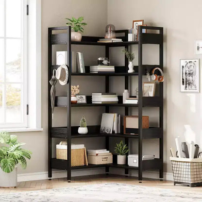 GustoWave 65.8in L Shaped Storage Display Shelf, 5 Tier Convertible Corner Book ShelfStorage Display ShelfBlack/White