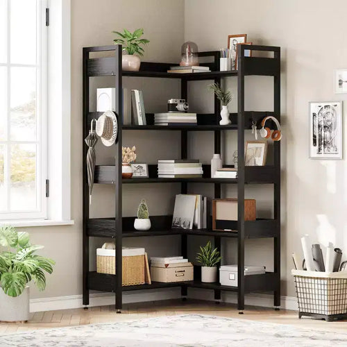 GustoWave 65.8in L Shaped Storage Display Shelf, 5 Tier Convertible Corner Book ShelfStorage Display ShelfBlack/White