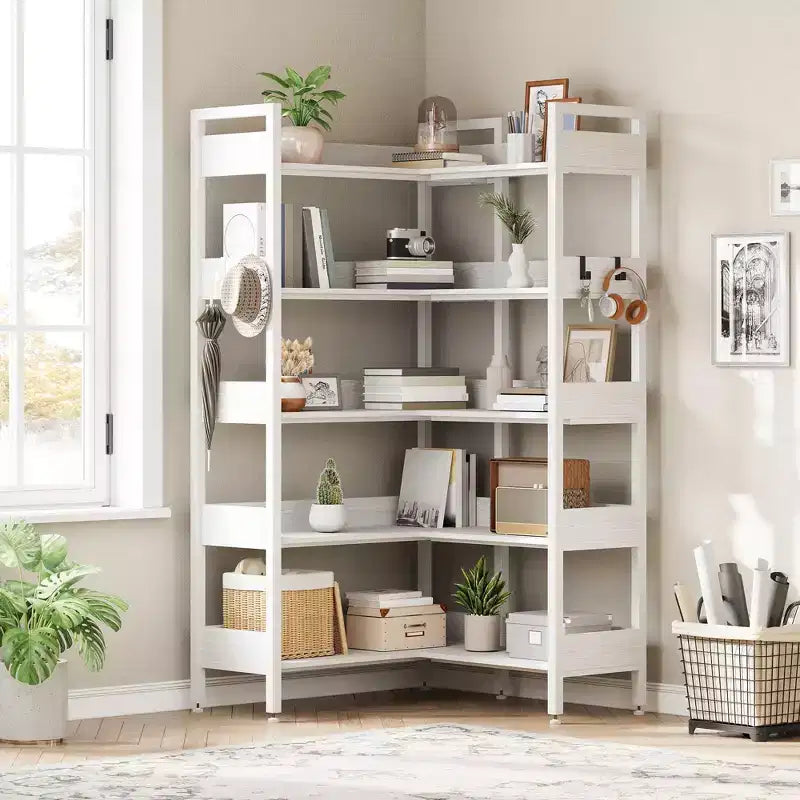 Scaffale angolare a 5 ripiani convertibile da 167 cm con ripiani a L per esposizione e conservazione - Nero/Bianco