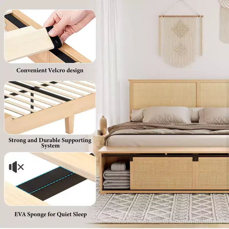 Struttura letto in rattan naturale, con armadietti scorrevoli in stile fienile