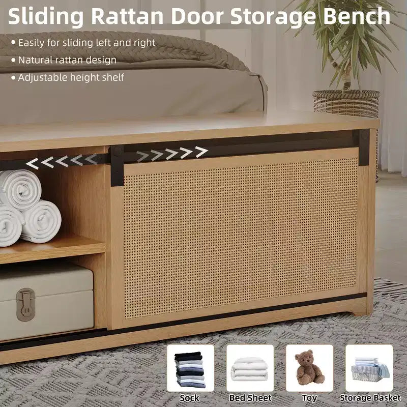 Struttura letto in rattan naturale, con armadietti scorrevoli in stile fienile