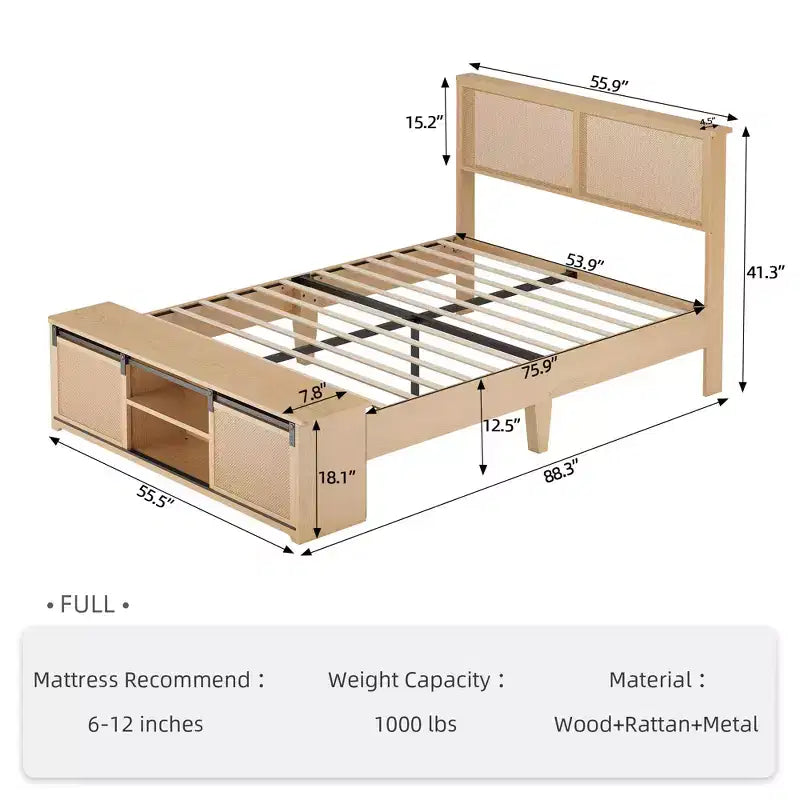 Struttura letto in rattan naturale, con armadietti scorrevoli in stile fienile