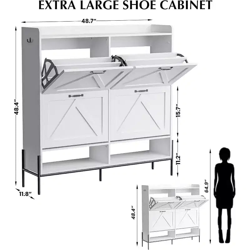 Scarpiera Bianca da 123 cm con 4 Ante a Ribalta, Mobile Contenitore per Ingresso di Grande Capacità con Gambe in Metallo, Organizzatore di Scarpe Moderno Antiribaltamento