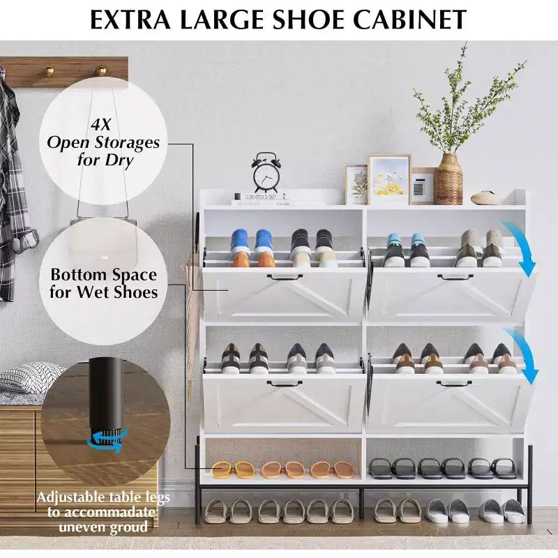 Scarpiera Bianca da 123 cm con 4 Ante a Ribalta, Mobile Contenitore per Ingresso di Grande Capacità con Gambe in Metallo, Organizzatore di Scarpe Moderno Antiribaltamento