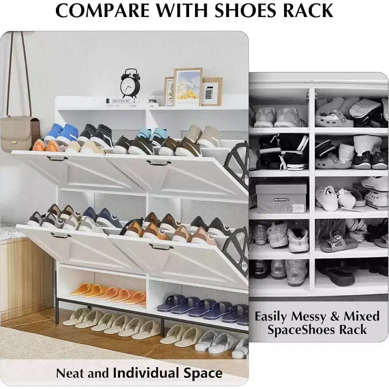 Scarpiera Bianca da 123 cm con 4 Ante a Ribalta, Mobile Contenitore per Ingresso di Grande Capacità con Gambe in Metallo, Organizzatore di Scarpe Moderno Antiribaltamento