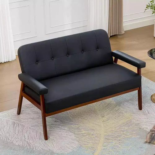 TYBOATLE 50 Faux Leather Loveseat Sofa with Wood Arms, Mid-Century Modern Small Couch for Office, Living Room, Bedroom, Black