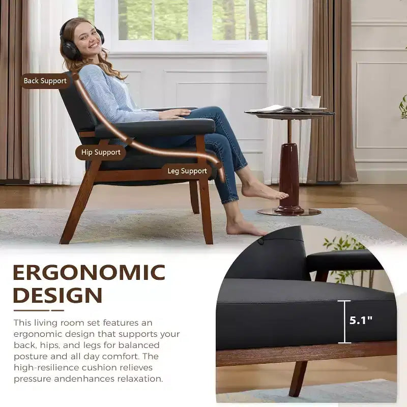 Divanetto 50 in similpelle con braccioli in legno, divano piccolo moderno di metà secolo per ufficio, soggiorno, camera da letto, nero
