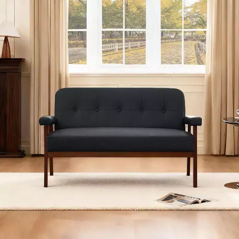 Divanetto 50 in similpelle con braccioli in legno, divano piccolo moderno di metà secolo per ufficio, soggiorno, camera da letto, nero