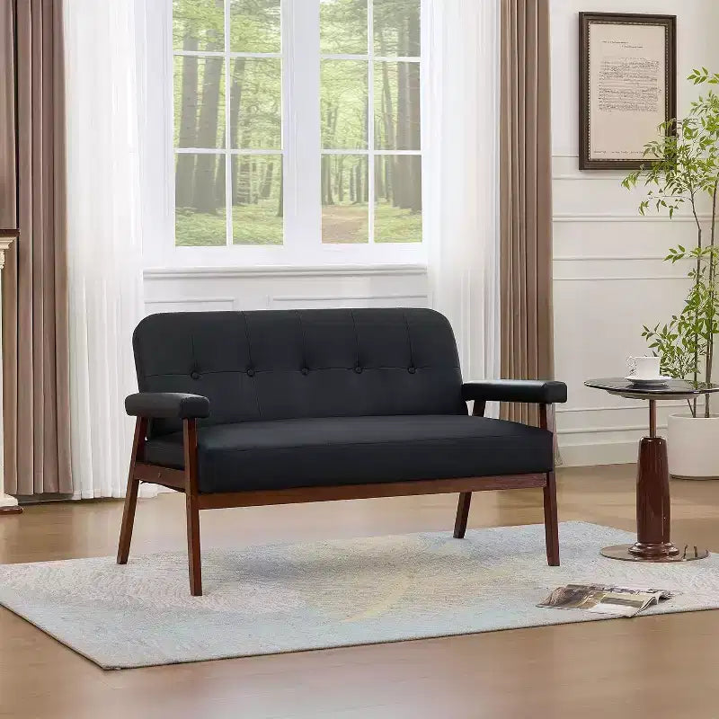 Divanetto 50 in similpelle con braccioli in legno, divano piccolo moderno di metà secolo per ufficio, soggiorno, camera da letto, nero