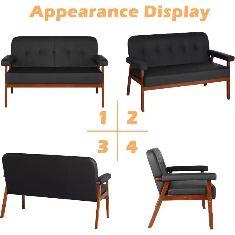 Divanetto 50 in similpelle con braccioli in legno, divano piccolo moderno di metà secolo per ufficio, soggiorno, camera da letto, nero
